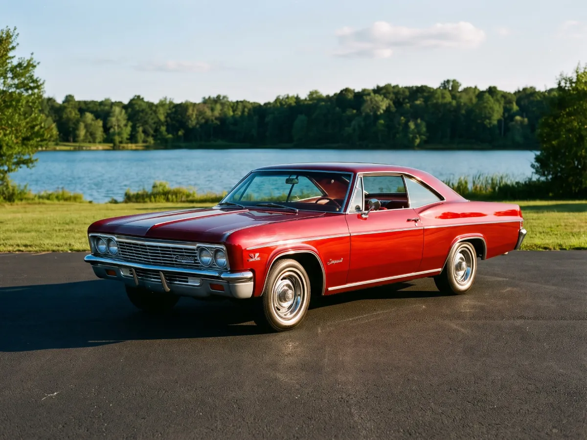Freshly detailed red 1960s Chevrolet Impala hardtop with a mirror-gloss finish
